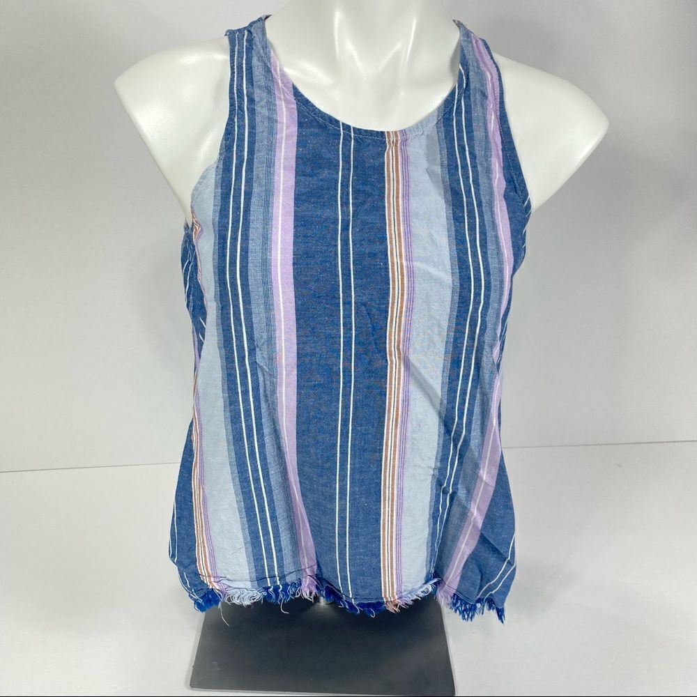Drew Linen Blend Striped Tank Blouse With Fringe Hem
